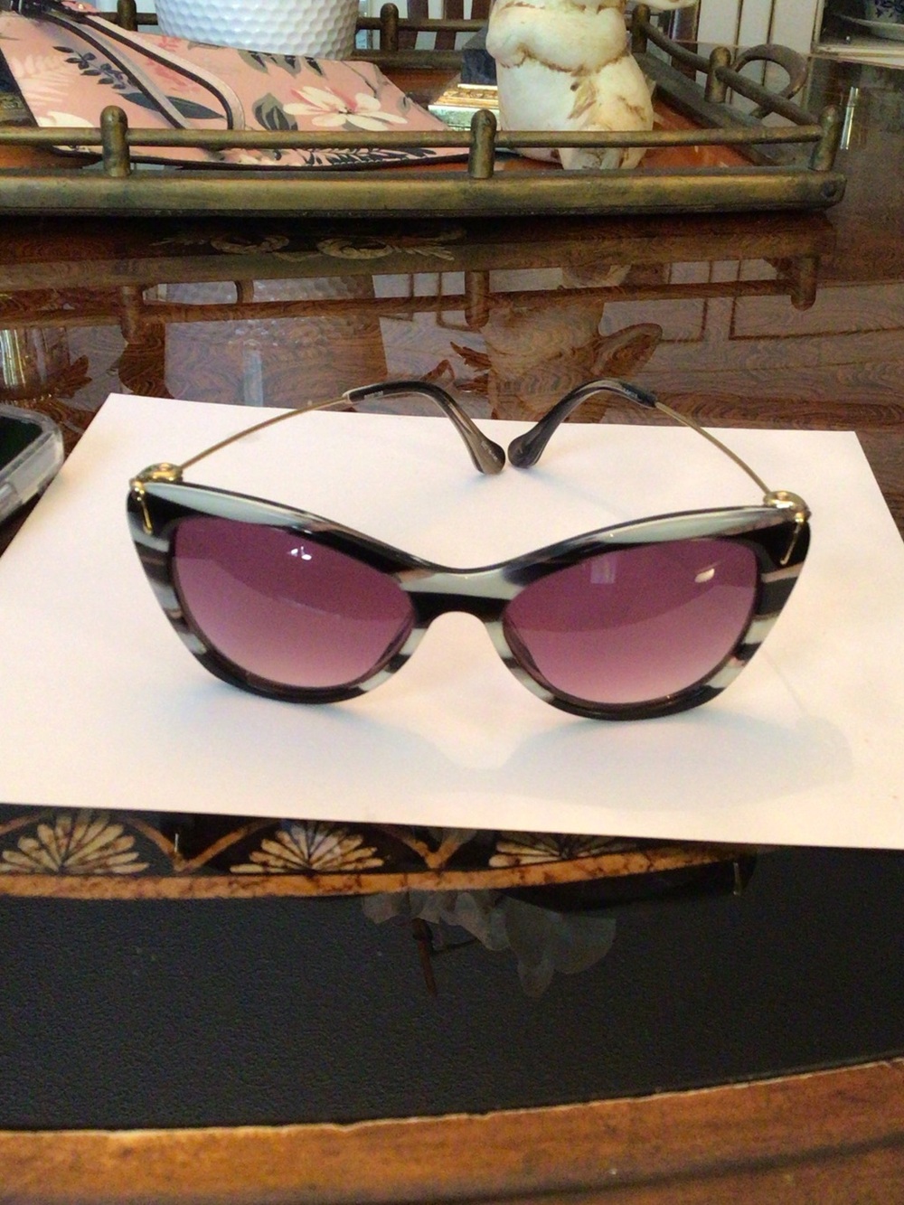 Elizabeth and James Black & White Striped Cat-Eye Sunglasses with Purple Lenses
